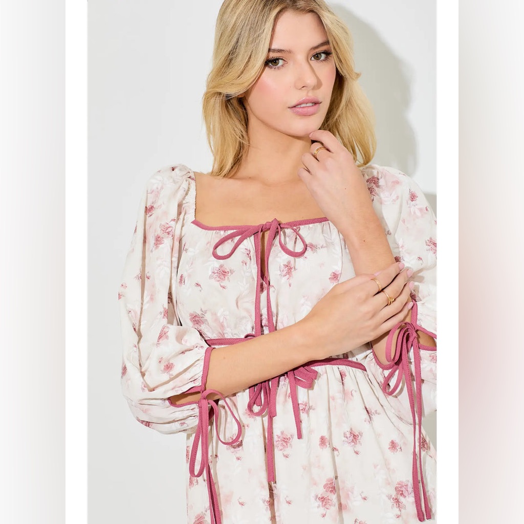 New Baevely Anthropologie Floral Boho Puff Sleeve Romantic Ribbon Rose Dress S